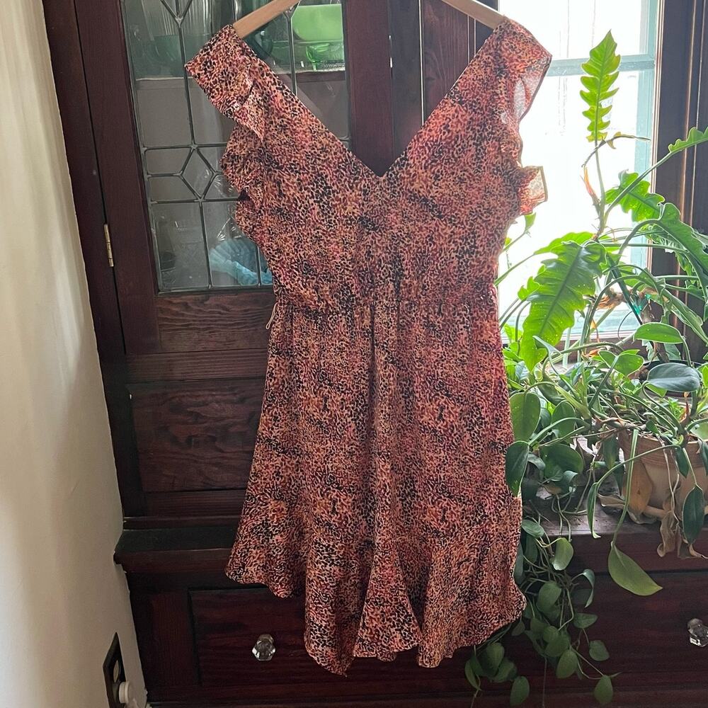Express Pink Abstract Print Ruffle Faux Wrap Dress Size S/M - Picture 8 of 17
